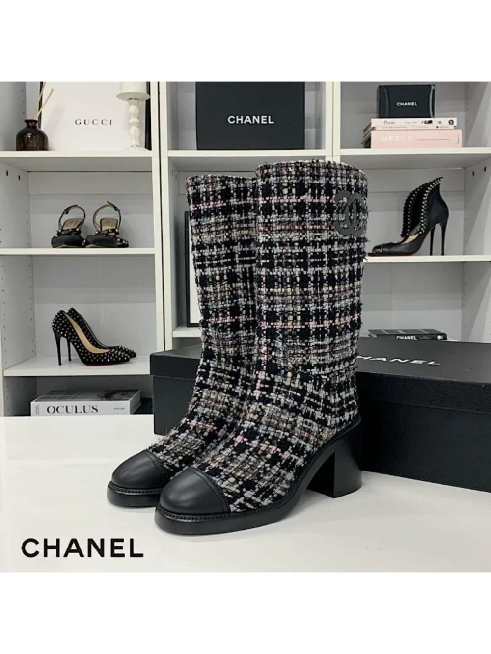 Chanel CC Logo Tweed Leather Long Boots Black